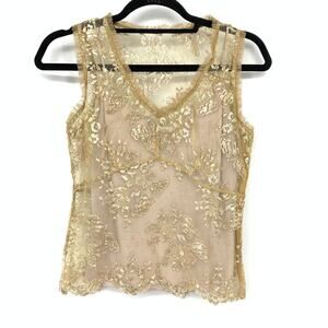 Kookai Sheer Lace Tank Top Womens Size 1 US Small Gold Nude Cami Sleeveless